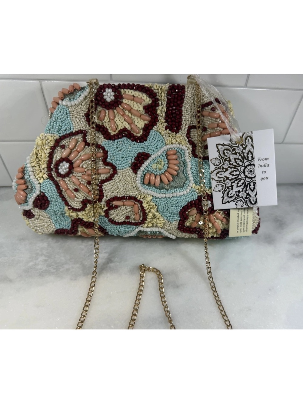 NWT Made In India Beaded Floral Clutch With Removable Gold Strap